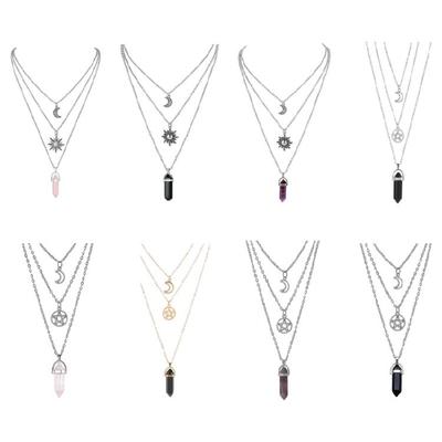 Layering Gothic Jewelry Sun Moon Crystal Pendant Necklace For Women Adjustable Length Neckchain Fashion Accessories