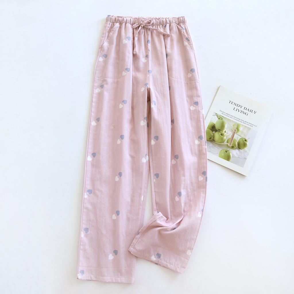 2026 New Women's Spring/Summer Sleeper Pants 100% Cotton Gauze Heart Shaped Thin Printed Pants Home Pants Lounge Wear