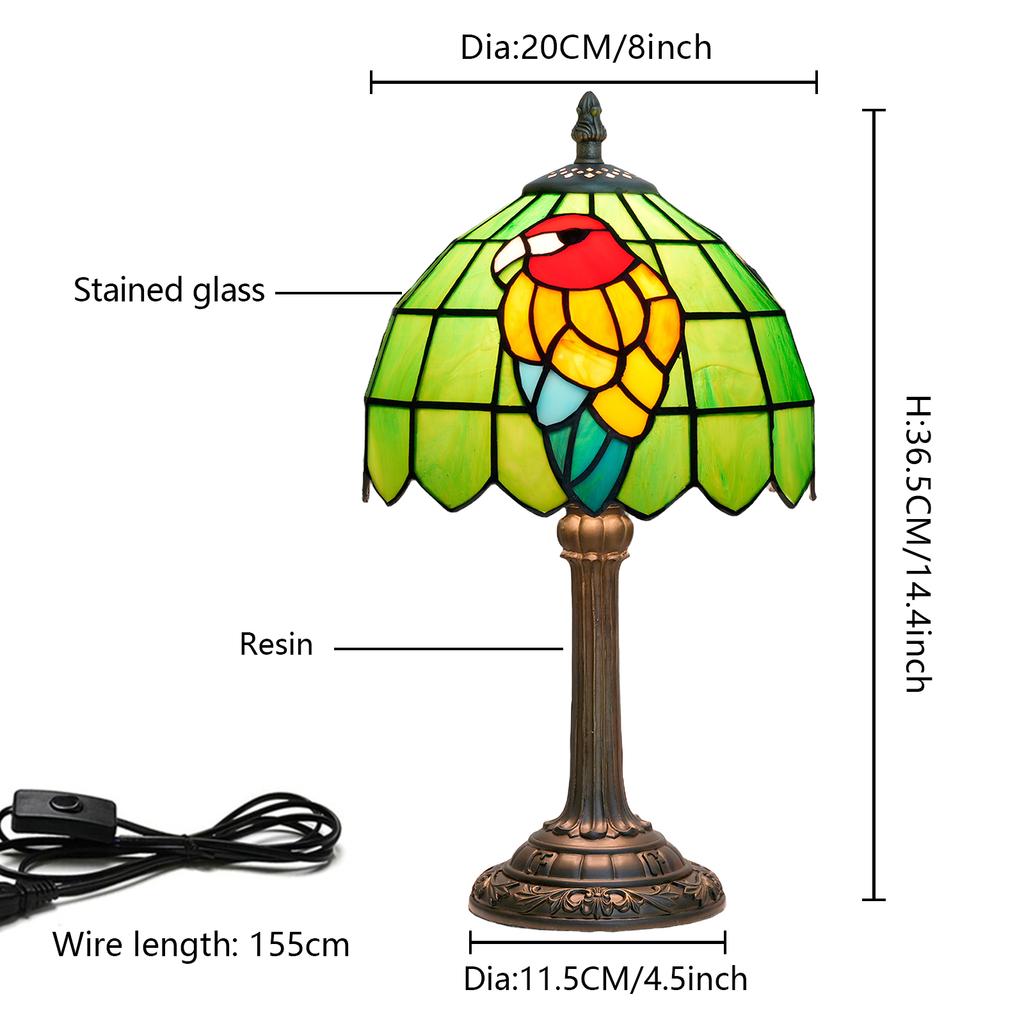 Green Bird Style Parrot Lamp Stained Glass Lamp 8 Inch Stained Glass Table Lamp for Home Office Decoration