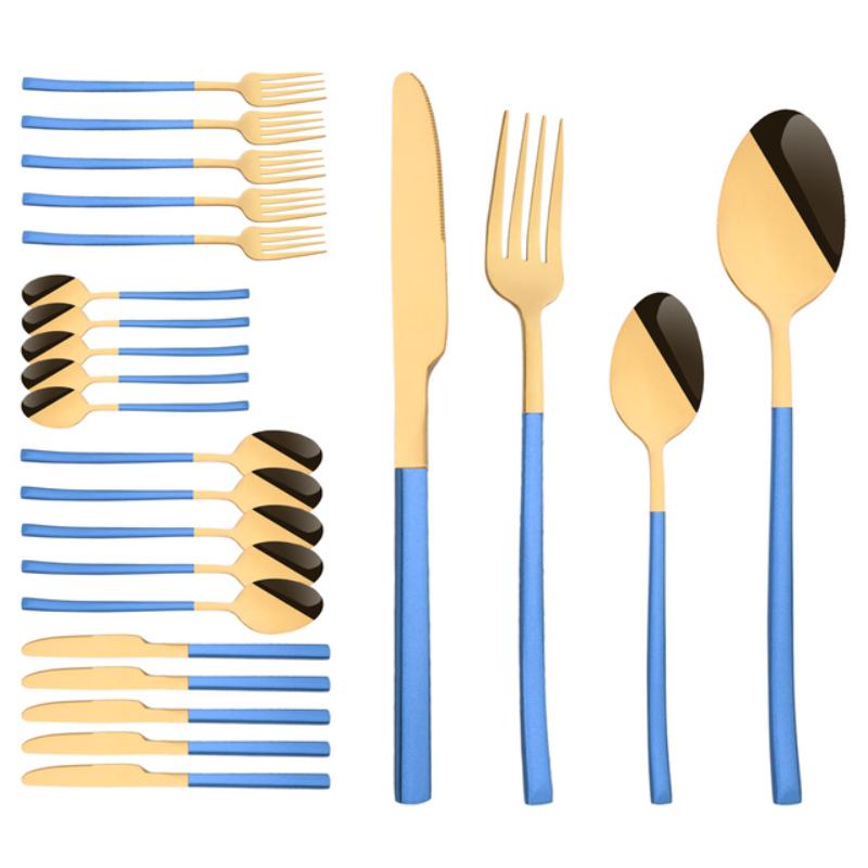 24 ks Moderní jídelní sada Nerezová sada nádobí Modrá Zlatá Nůž Vidlička Lžíce Čajová lžička Kuchyňská sada příborů