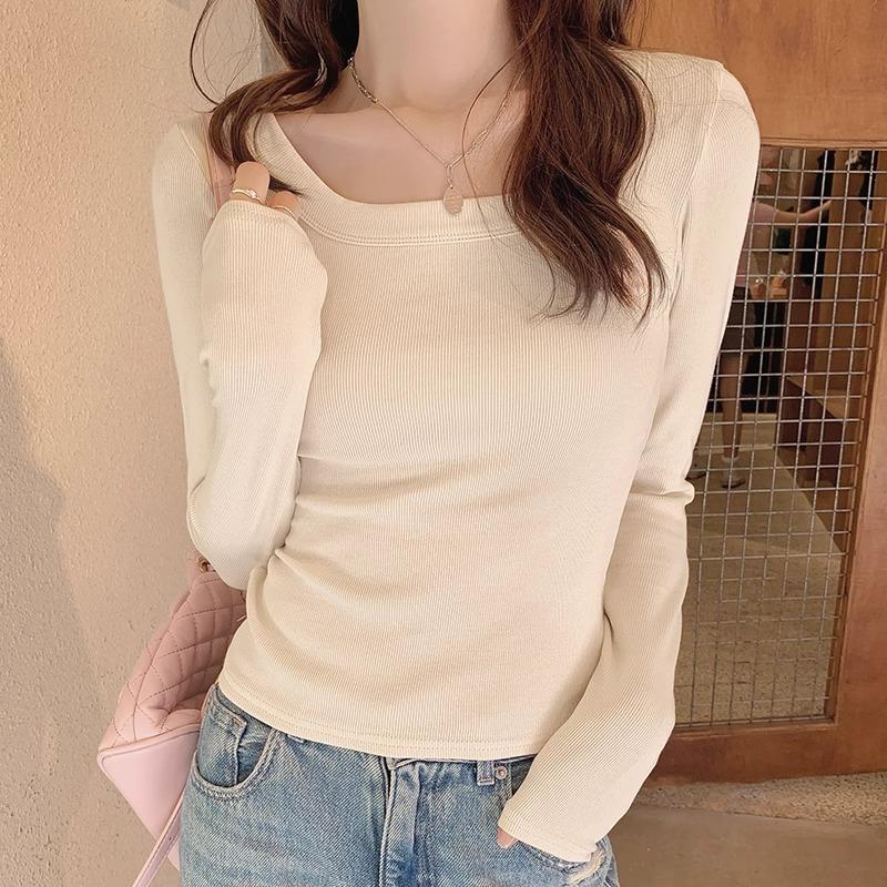Square Collar Bottoming Shirt for Women 2024 New Autumn and Winter Hot Girl Slim Pure Desire Long-sleeved T-shirt Plus Velvet Warm Top