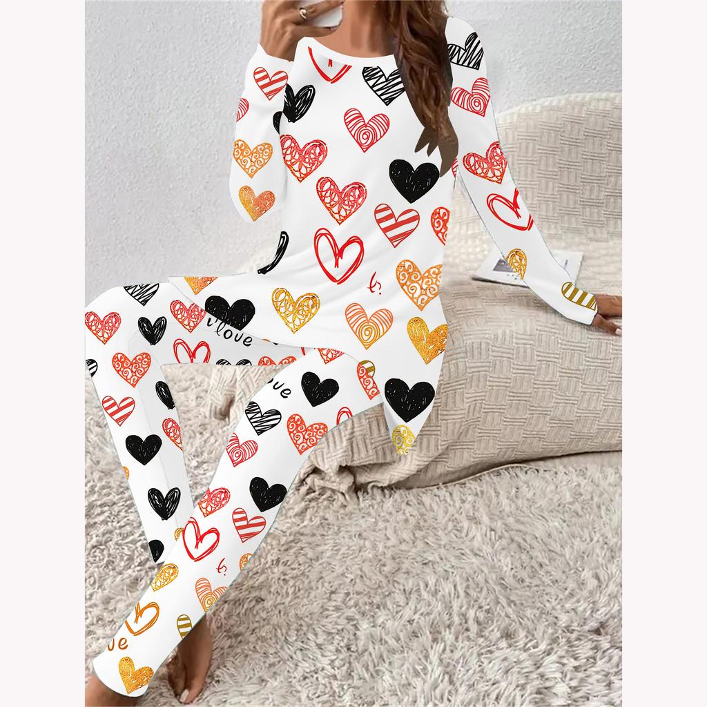 Moda Euroamerykańska Wzór 3D Love Nadruk Damski Czterosezonowy T-shirt z Długim Rękawem + Długie Spodnie Zestaw Dwuczęściowy. Idealny prezent na Walentynki