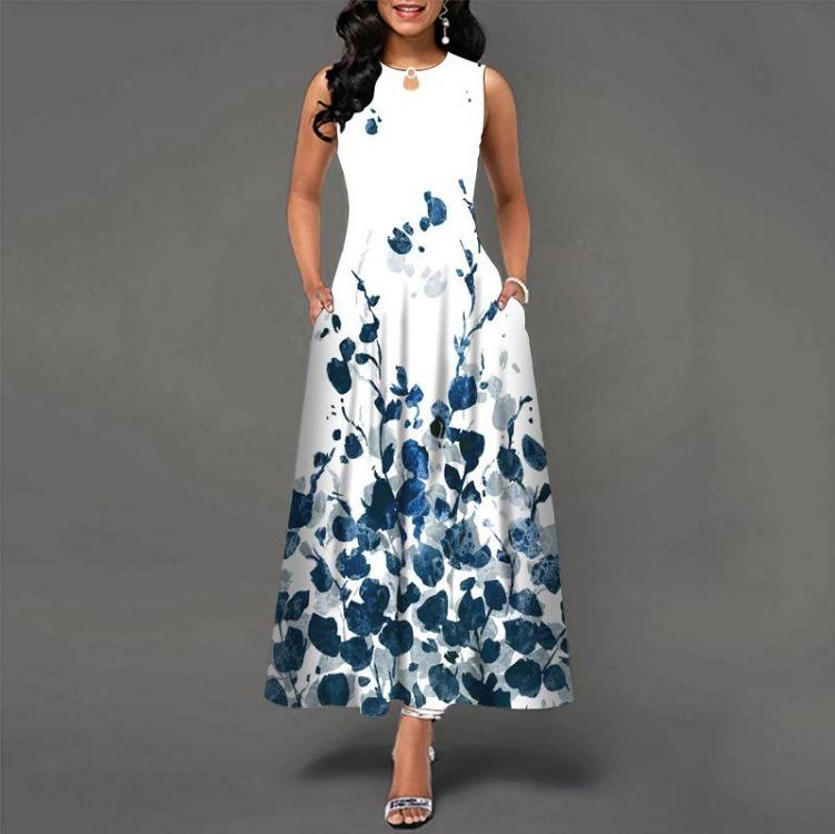 Women Summer Sleeveless V Neck Printed Maxi Dress