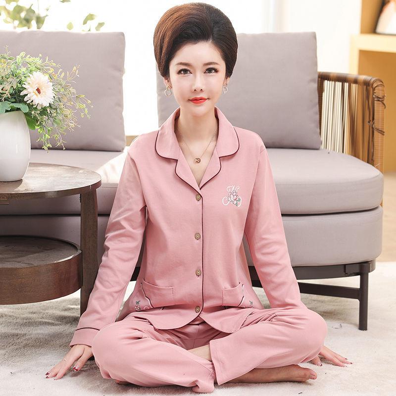 Middle-aged women's 100% pure cotton pajamas women's summer long-sleeved pajamas middle-aged and elderly mother loungewear thin suit