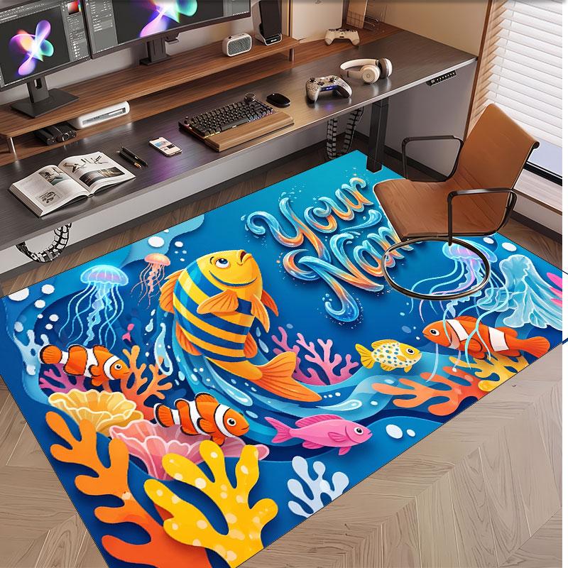 Fish Ocean Theme Soft Crystal Velvet Rug Custom Name & Text Print Non Slip Floor Rug for Bedroom Living Room