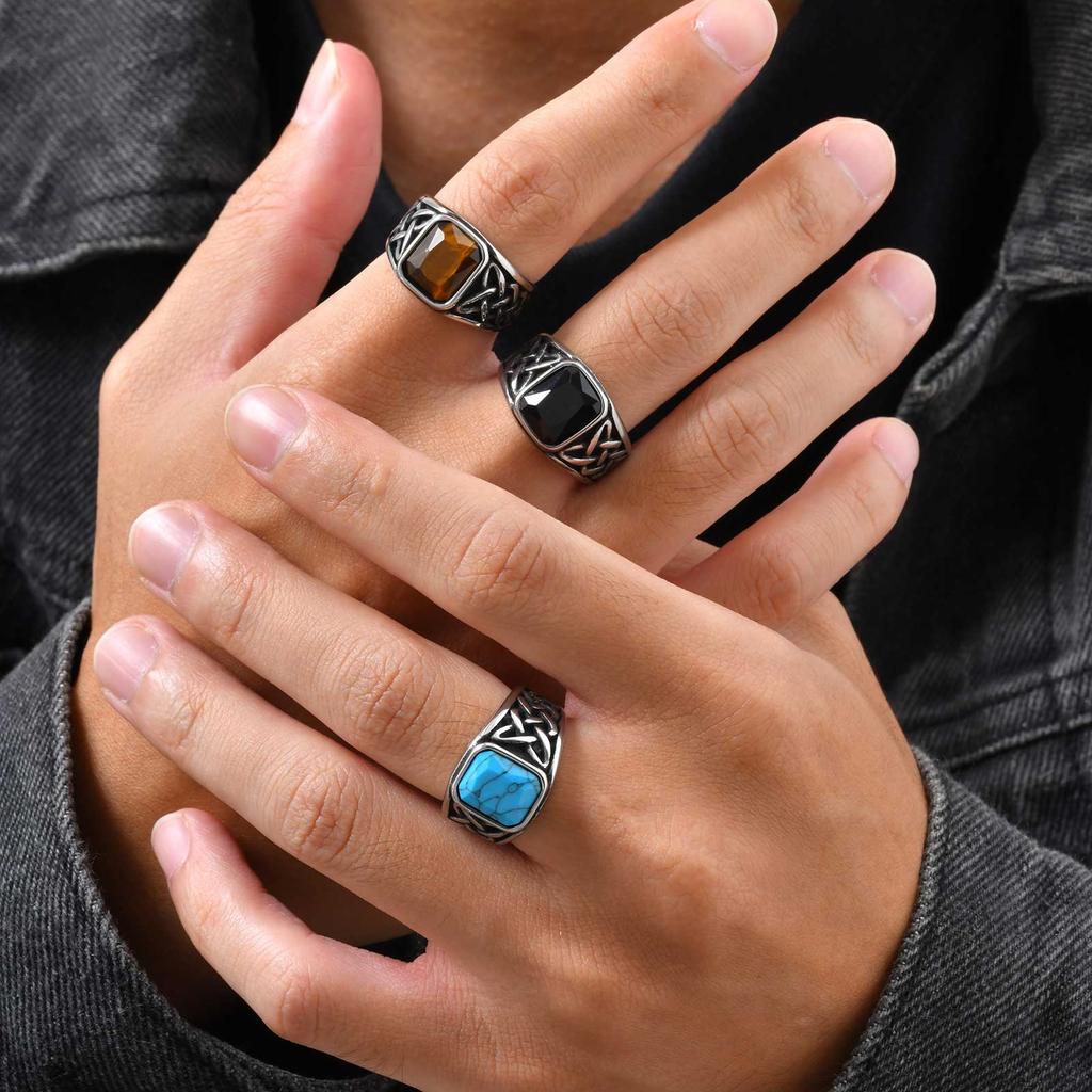 Punk Vintage Ethnic Rings for Men Retro Viking Knot Rune Finger Band Black Geometric Square Stone Signet Ring