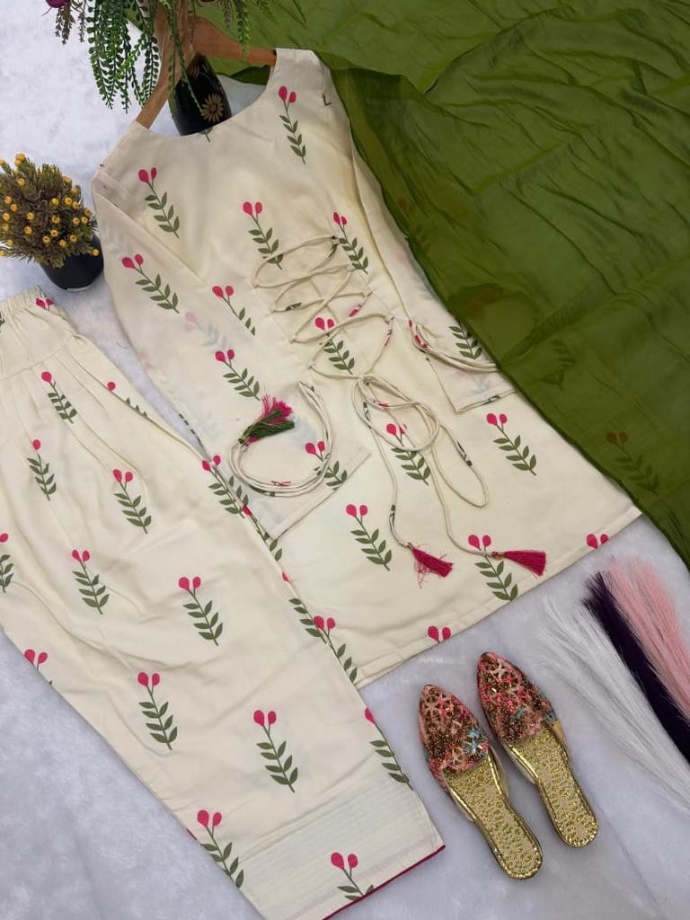 Damen Designer Bedrucktes Kurta Hosen Dupatta Set Indisches Bollywood Oberteil Tunika Kurti Partykleidung