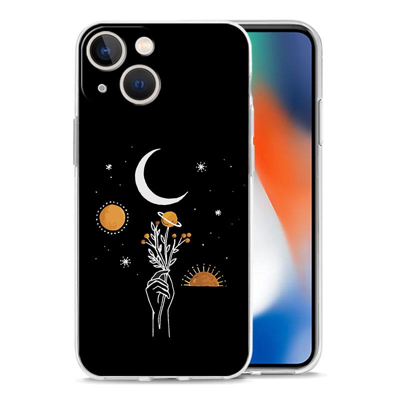 Phone Case For iPhone 15 14 13 12 Mini 11 Pro Max XS X XR 7 8 Plus Clear Shockproof TPU Cover Simplicity Line Art Sun Moon