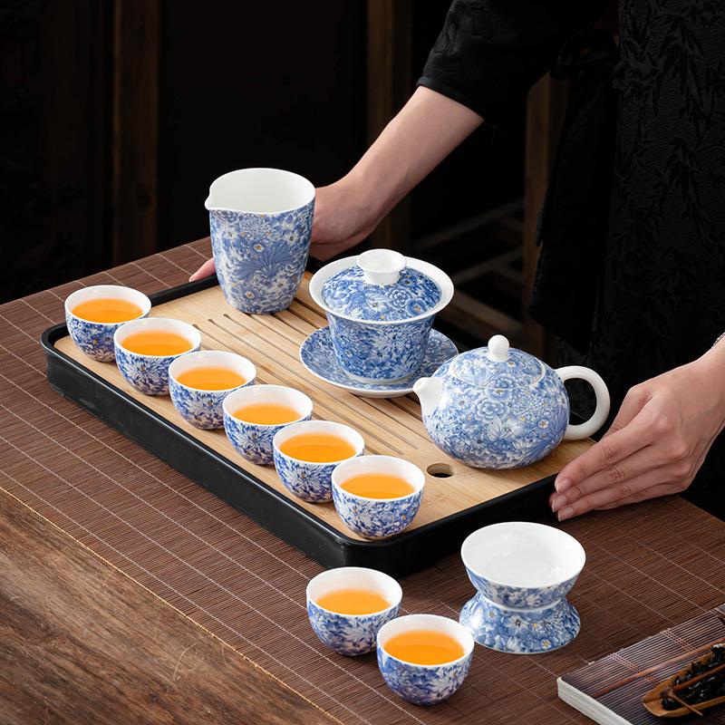 Guochao Flowering White Porcelain Light Luxury Tea Set Home Office Drinking Tea High-end