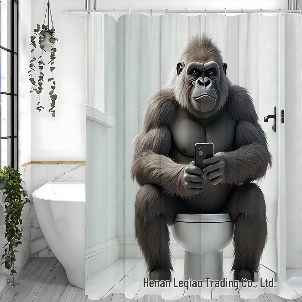 Gorilla Pattern Bathroom Set: Shower Curtain, Non-slip Bath Mat, Toilet Lid Mat, 12 Hooks.