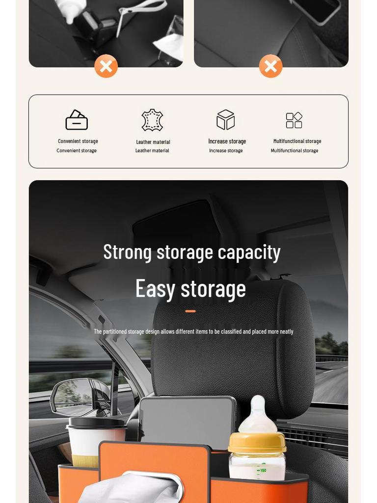 Multifunctional Car Seat Back Organizer with Tissue Box and Cup Holder Hooks