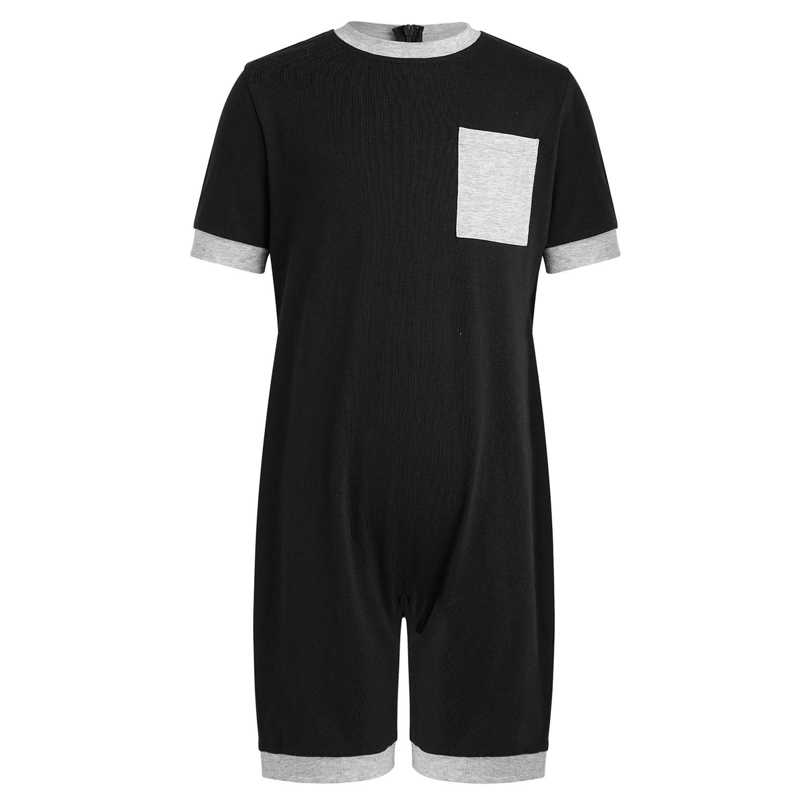 

Unisex Kids Adaptive Clothing Anti-Strip Back Invisible Zipper Romper Short Sleeve Contrast Color Thigh Length Jumpsuit 5-6 Years чорний