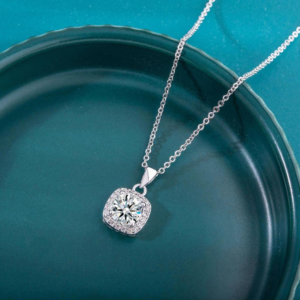 6.5mm Cushion Halo Round Cut Moissanite Pendant Necklace S925 Sterling Silver For Women