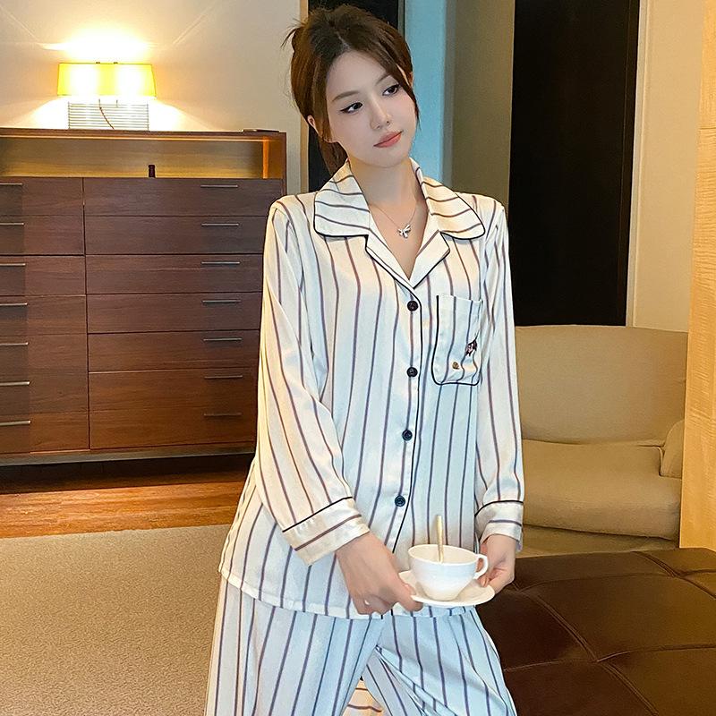 Spring Autumn Long Sleeve Trouser Pijamas Suit Women Loose Casuak Silk Satin Home Clothes 2PCS Pajamas Set Nightwear Lounge Wear