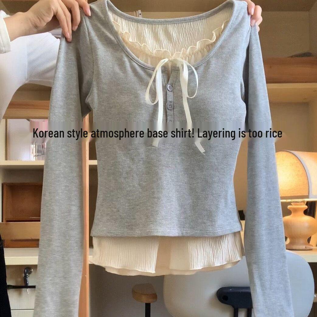 

Весна 2024 Женский шикарный облегающий топ-двойка в балетном стиле с длинным рукавом Extra Large серый