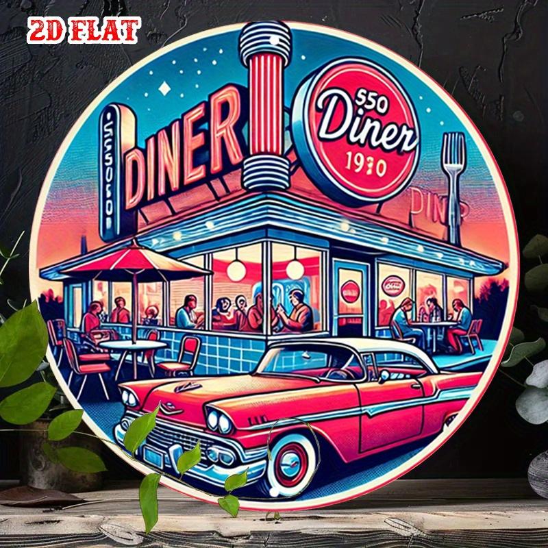 D Flat Metal Sign Retro Diner s Vintage Americana Metal Sign Round Wall Art for Home Garage Cafe Bar Decoration Gift