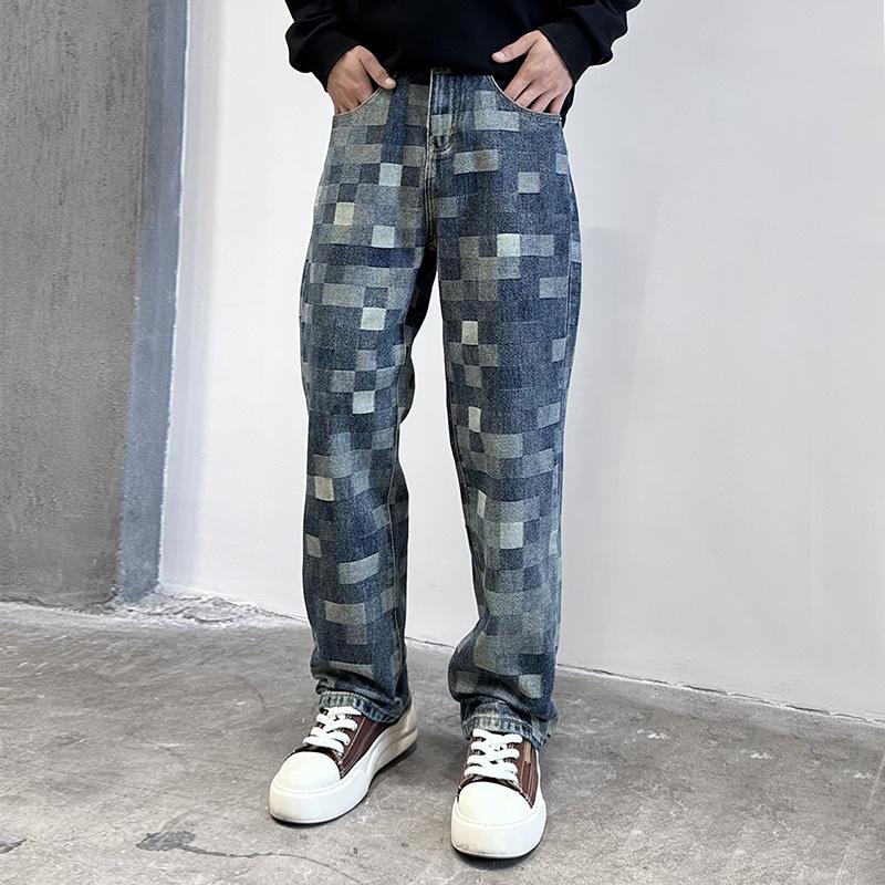 American high street jeans men's ins trendy checkerboard loose straight pants jacquard checkerboard casual trousers