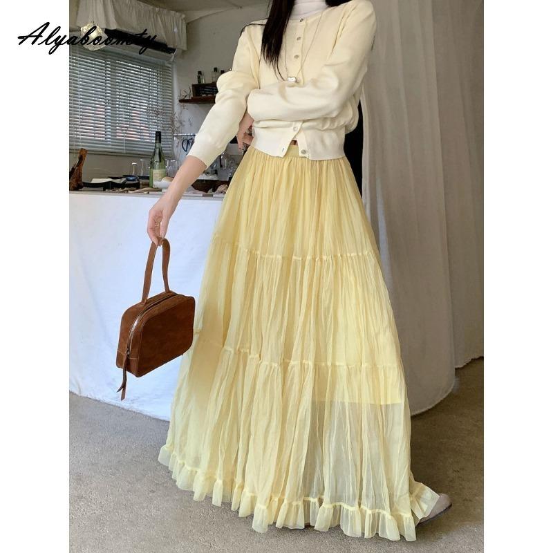 Spring Summer Women Fairy Long Skirt High Waist Gray Apricot Black Yellow Mesh Skirt Romantic Ruffles Tierred Skirts Womens