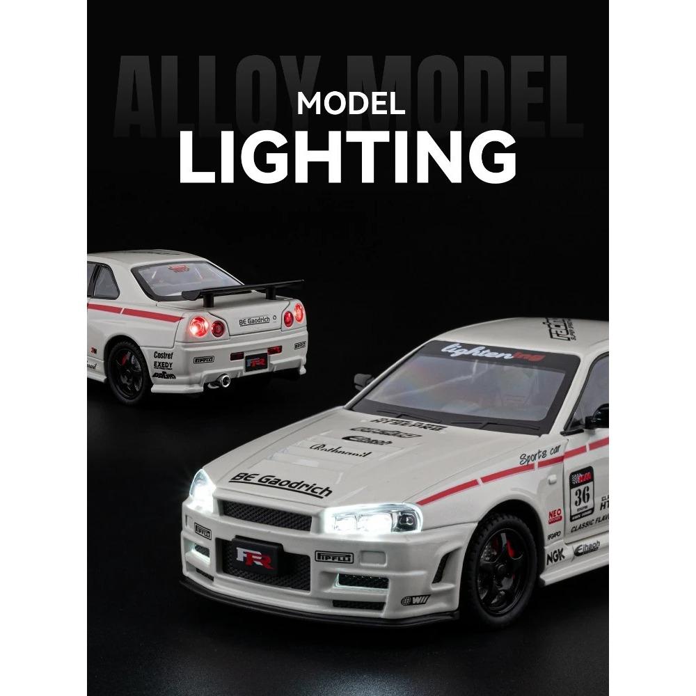 Simulation 1/24 Nissan GTR Alloy Racing Car Model with Sound Light Collection Miniature Voiture Toy Vehicle Children Boy Gift