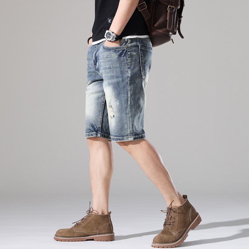 Denim Shorts Men's Summer Cool Pants Thin Straight-leg Mid-pants Ripped Trendy Men's Five-point Pants