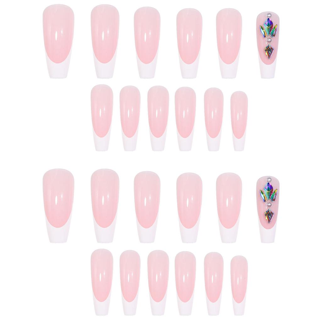 European And American Spot Manicure, Ballet Coffin Nail, French Manicure, White French Colored Diamond Fake Nails