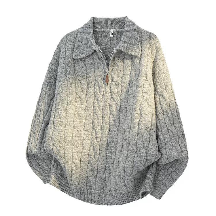Men's Autumn Half-Zip Cable Knit Polo Sweater: Loose, Trendy American Heavyweight Knitwear