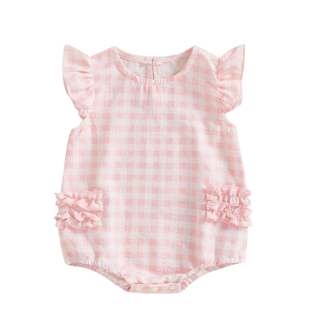 Baby Girls Rompers Plaid Frills Round Neck Fly Sleeve Infant Clothes Bodysuits Jumpsuits