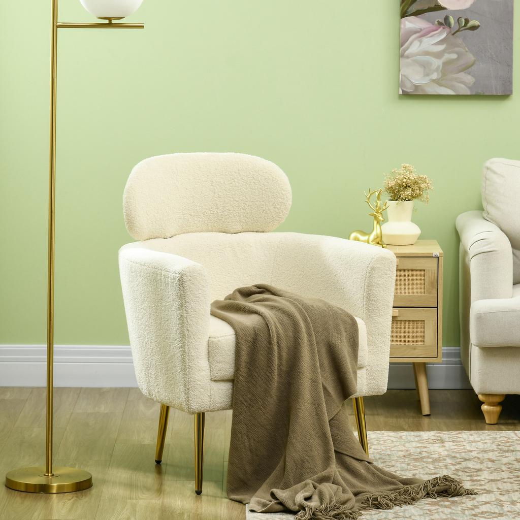 Living Room Armchair With Removable Headrest Teddy Plush Tub Chair Metal Legs 71 X 65 X 90 Cm Cream