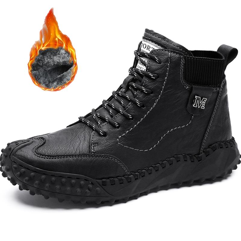 Classic Winter Men's Boots Real Leather Plush Warm Men's Snow Boots Waterproof Outdoor Roman Men Work Boots Men Motorcycle Boots