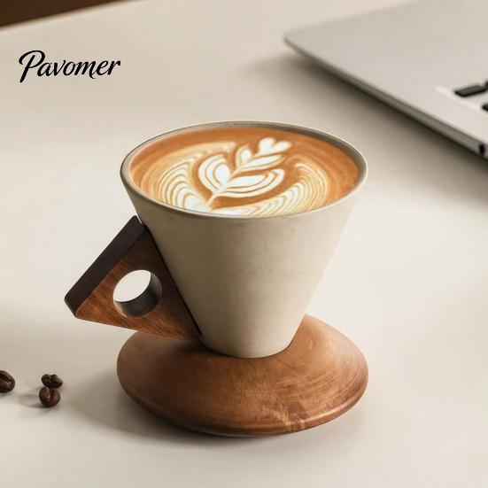 Artistic Frosted Texture Mug Creative Cone Coffee Cup Set with Ergonomic Handle Solid Wood Coaster High-Temperature Office Home 250ml Ceramic Tapered