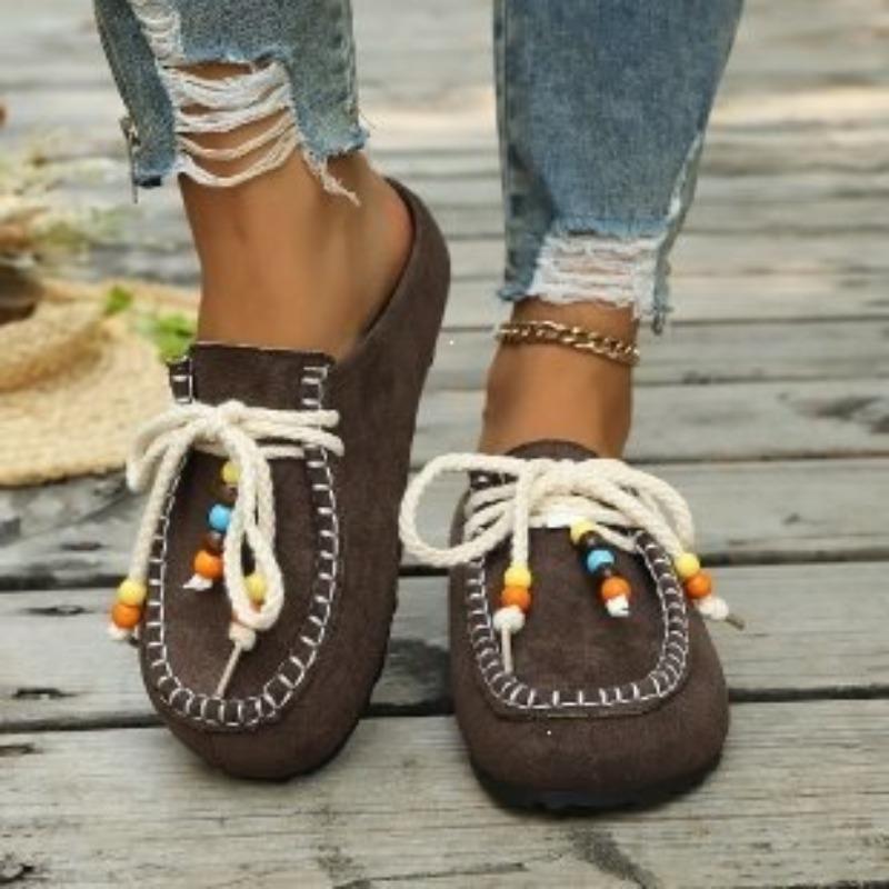 Women's Flat Beaded Closed-Toe Slip-On Mule Sandals, Comfortable Trendy Soft-Soled Casual Footwear, Available In Large Sizes.
