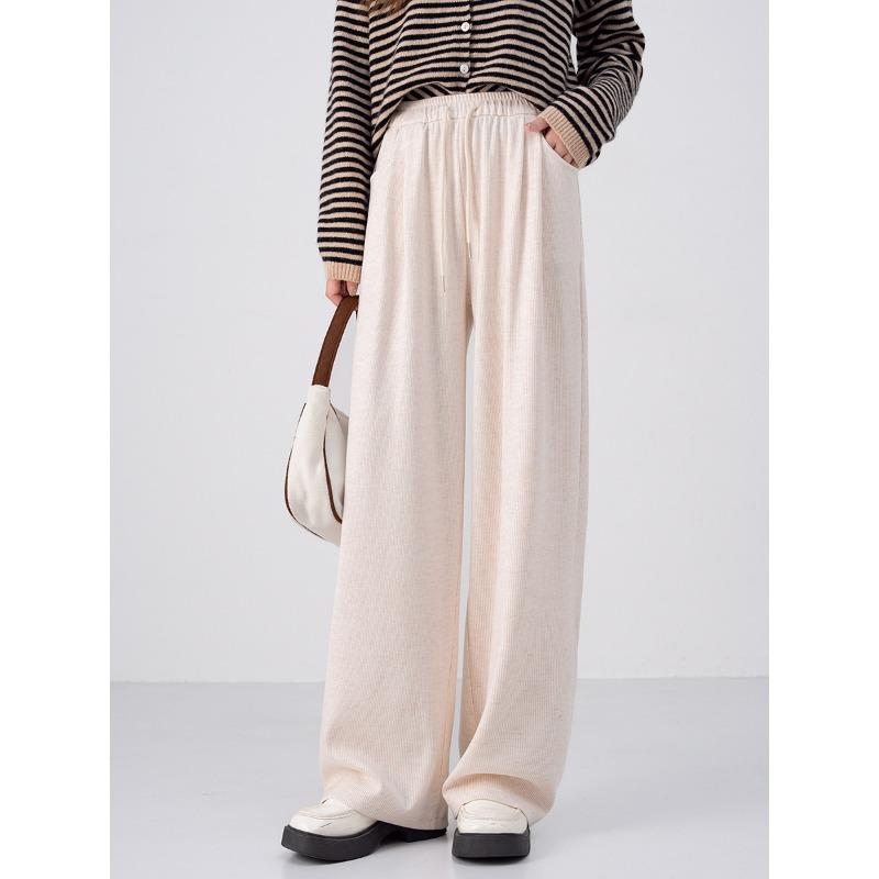 

Осень и зима новая женская одежда высокая талия и тонкий ленивый стиль прямые полоски моппинг серые на шнуровке широкие брюки L