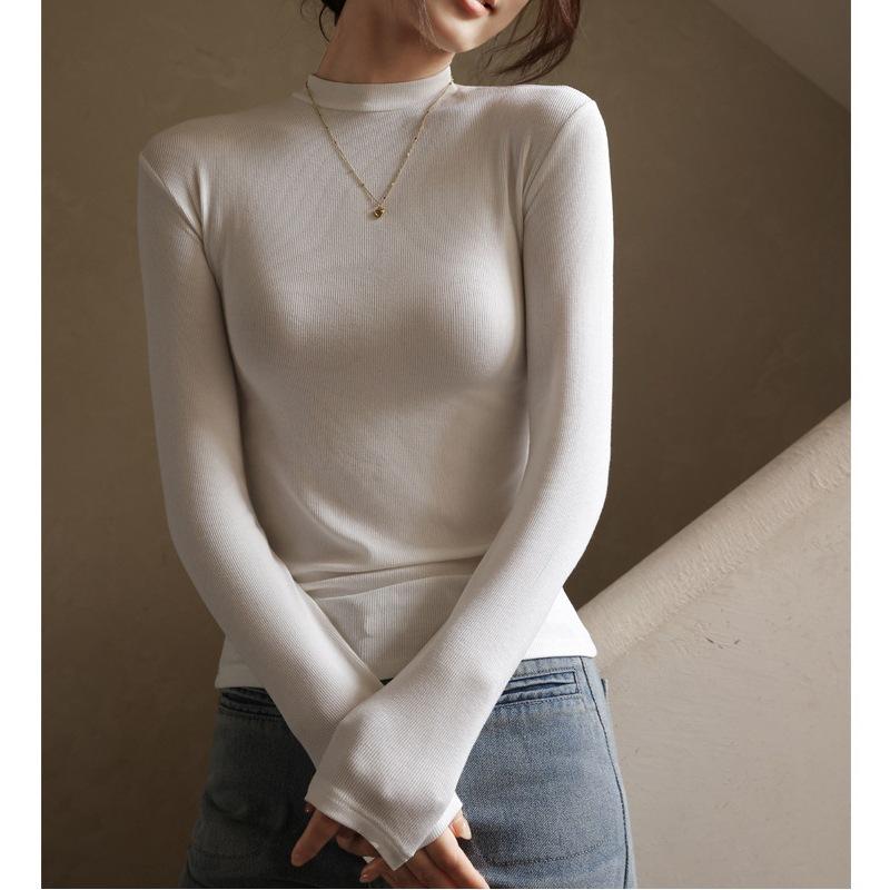 Spring new versatile small stand-up neck threaded slim and thin long-sleeved T-shirt women's niche inner top