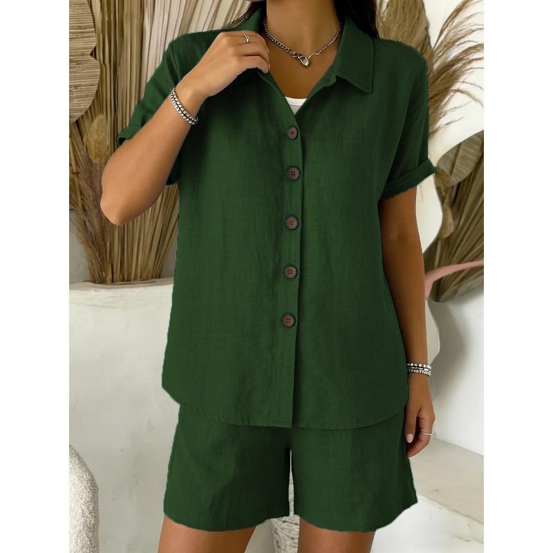 Set Casual con Camicia a Maniche Corte con Bottoni e Pantaloncini per Donna