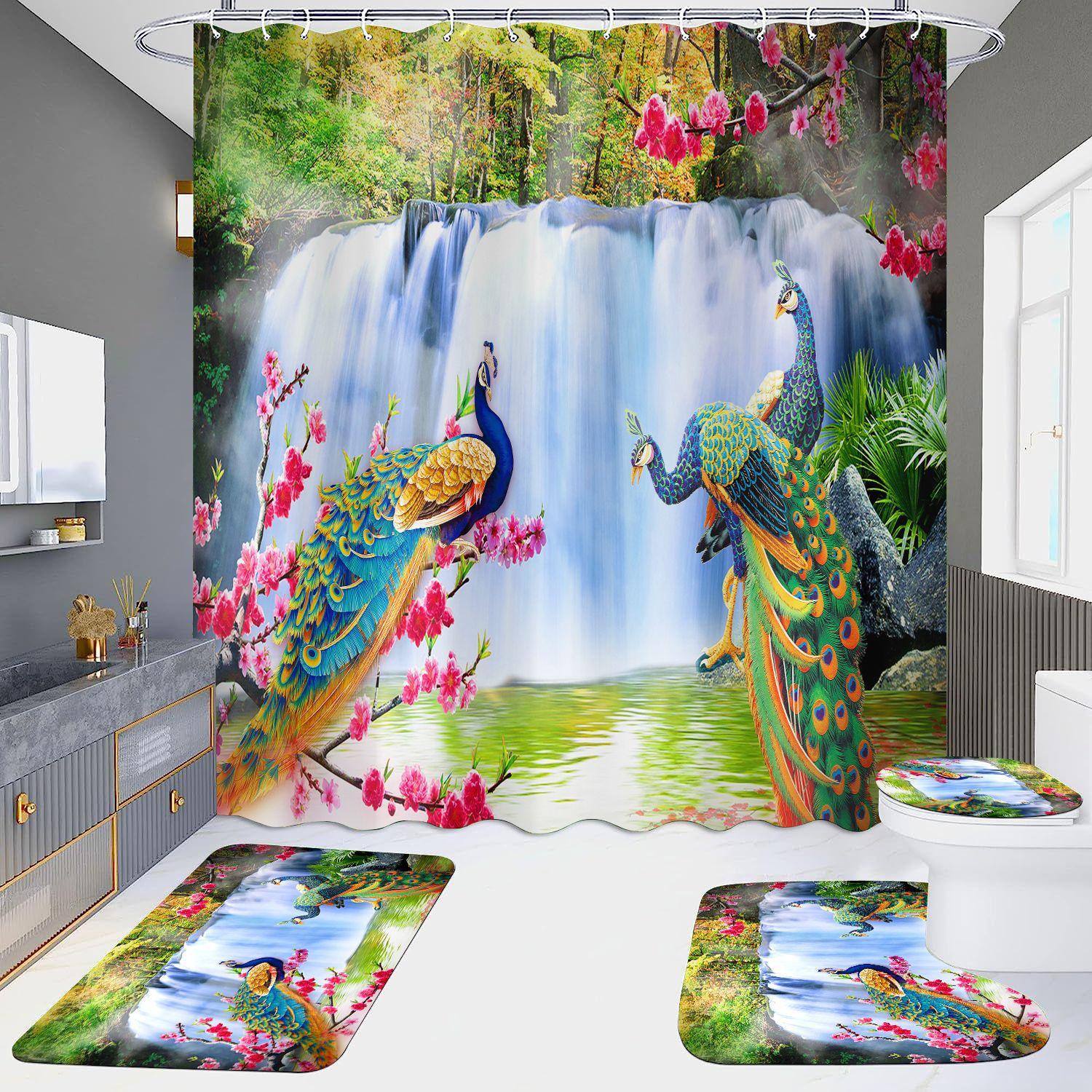 

HD занавеска для душа, набор из четырех предметов, водонепроницаемая без дырокола, ванная комната, отель, туалетная перегородка, занавеска Павлин Only curtain 150x180