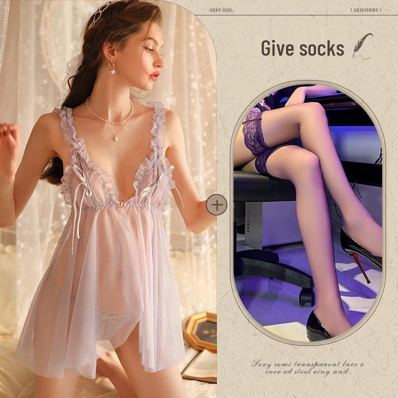 Temptation See-Through Hollow Out Chest Slit Sexy Sleepwear Lingerie Nightgown 814
