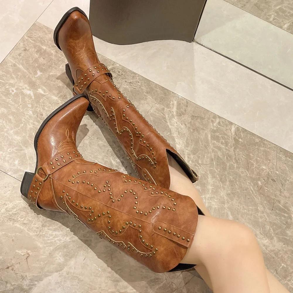 Fashion 2025 Big Size 42 Retro Maillard Style Brown Cowboy Boots Women Punk Rivets Chunky Heels Knee High Western Motorcycle Boots Shoes