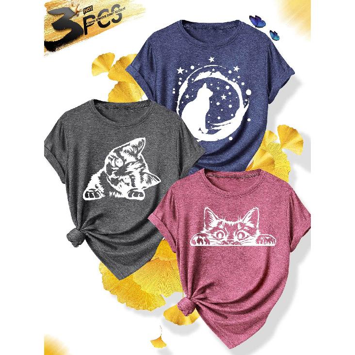 3 Simple and elegant women s party attire Cat Silhouette Series Round Neck Casual Sporty Fresh Elegant Plus Size Women s Short Sleeve T Fashionable 1XL
