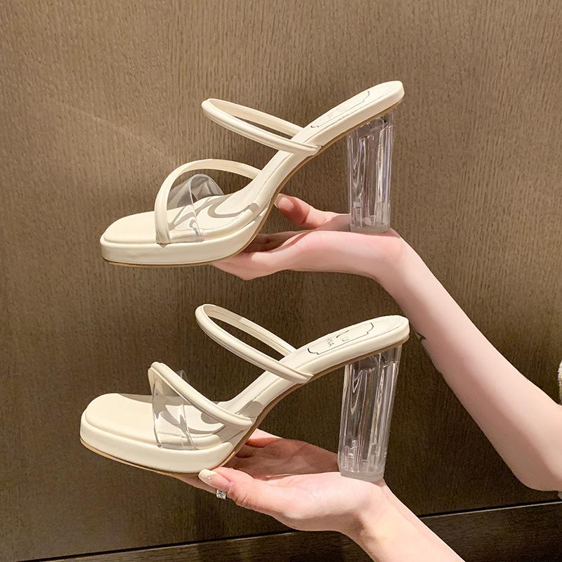 Super High Heels Slippers Women's Summer New One-word with Transparent Outer Wear Crystal and Thick Heels Women's Square Head