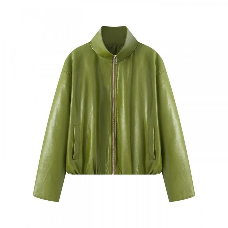 Womens Streetwear PU Leather Green Jacket
