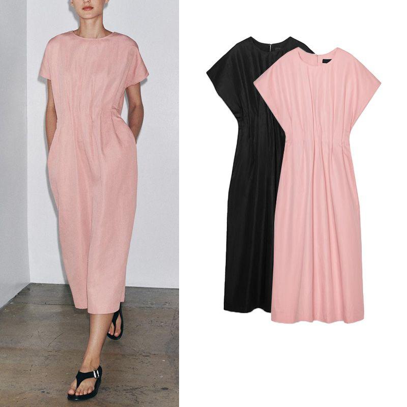 Summer New Women Clothes Basic Round Neck Casual Straight Pleated Short Sleeve Midi Dress 4333041