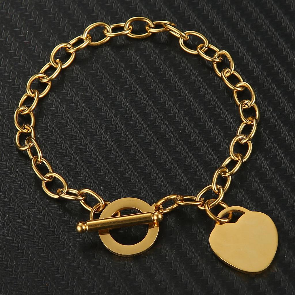 Gold Heart-Shaped Stainless Steel Engraved OT Buckle Bracelet