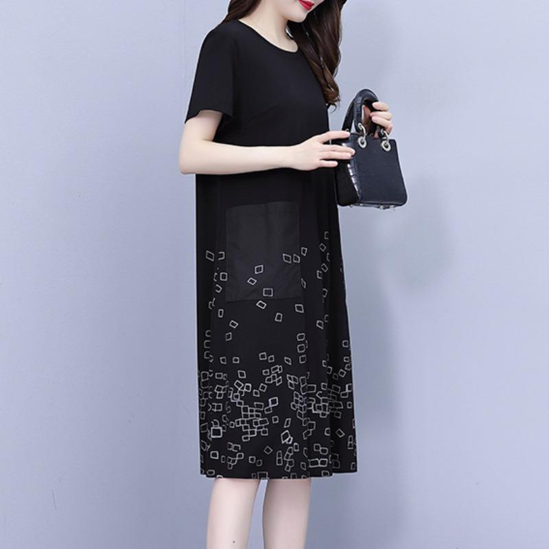 Middle-aged Mother Loose Belly-covering Dress Summer New Black Versatile Straight Skirt Retro Age-reducing