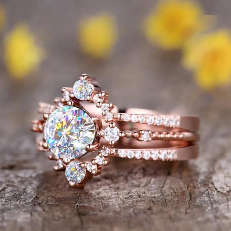 Huitan Gorgeous Rose Gold Color Cubic Zirconia Wedding Rings for Female Anniverary Gift New Luxury Trendy Women Jewelry
