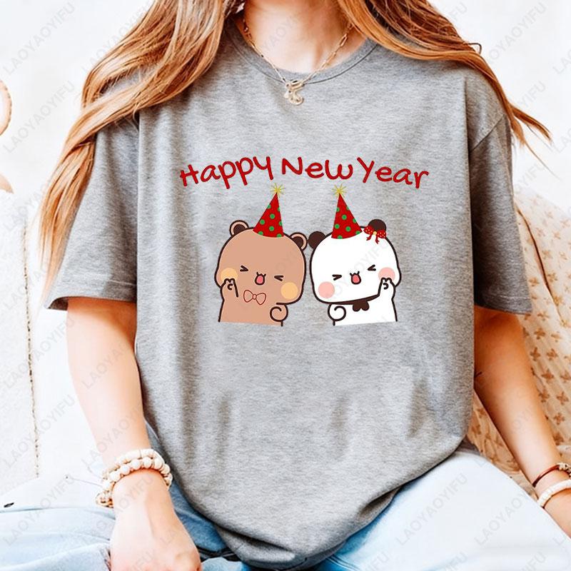 Happy New Year Bubu Dudu Emoticon Graphic Tshirt Trendy Fun New Year Tees Fashion Streetwear Cartoon Holiday Party Cotton Tees