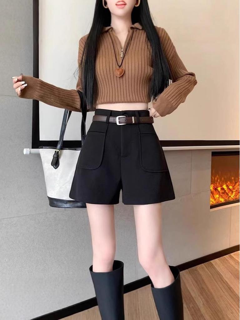 Petite Woolen Bootcut High Waist Wide Leg Pants - Autumn/Winter Casual Suit Shorts