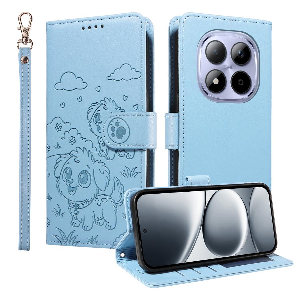 Etui do Xiaomi Redmi Note 15 Pro 5G z blokadą RFID, wytłaczany wzór psa, pokrywa na telefon ze skóry PU z paskiem na nadgarstek