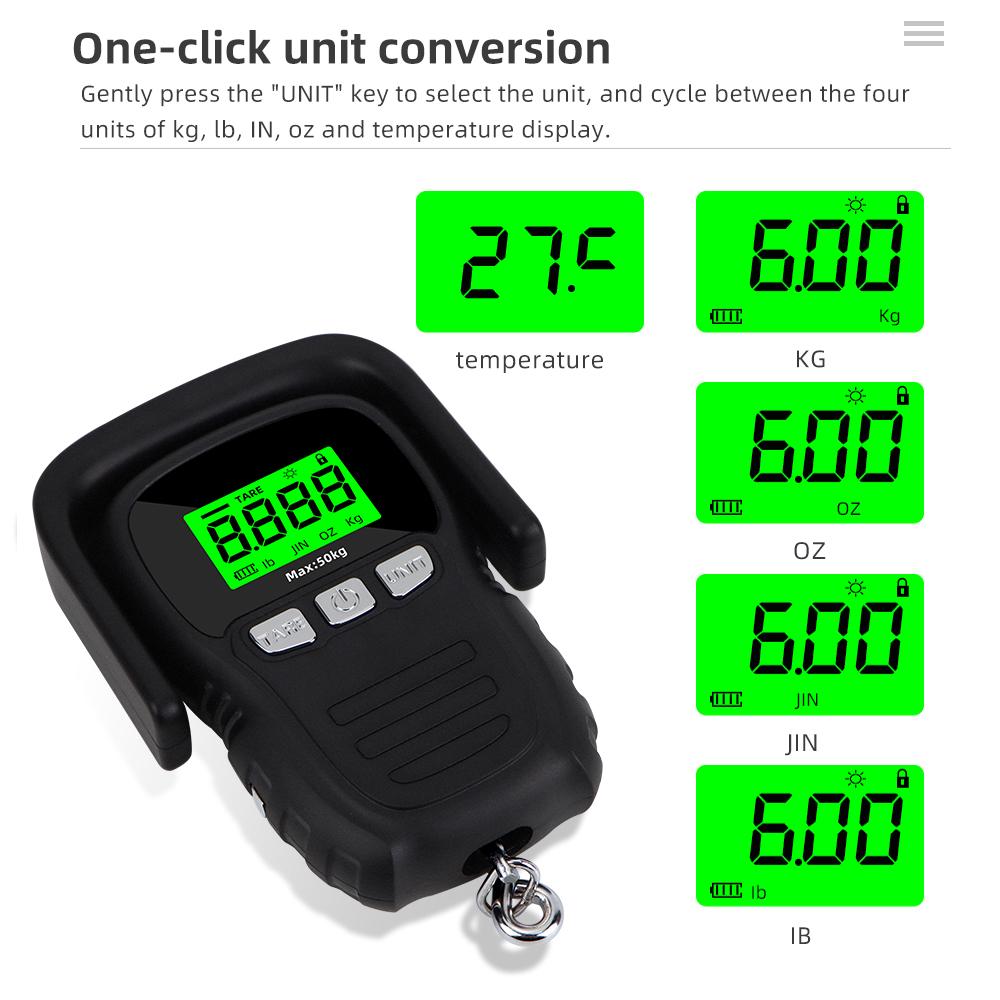 

50Kg/5g LCD Digital Display Hanging Hook Scale kg/oz/TEMP/lb Backlight Portable Fishing Travel Mini Electronic Weighing Scale Russian Federation