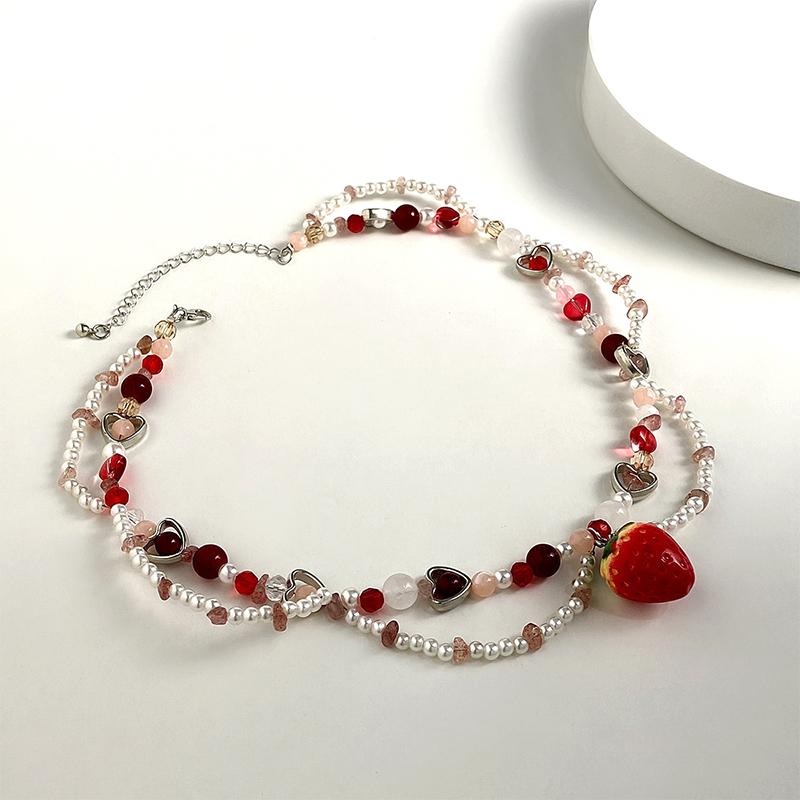 Słodki naszyjnik choker z zawieszką w kształcie truskawki ze sztucznych pereł Y2K Koralikowy łańcuszek Obojczyk Podwójny naszyjnik dla kobiet Biżuteria boho