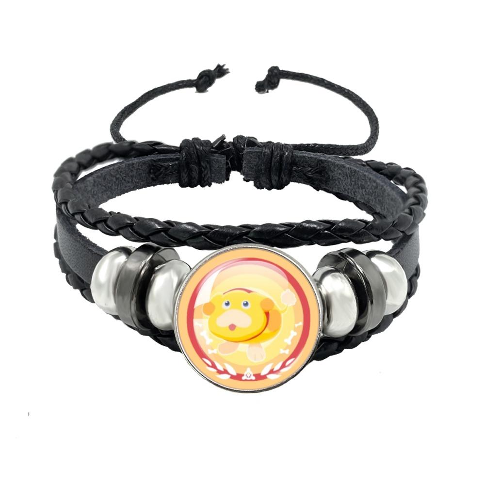 Creative Game Pikmin Cartoon Button Rope Button Glass Cabochon Handmade Black Leather Bracelet Jewelry Charm Gift